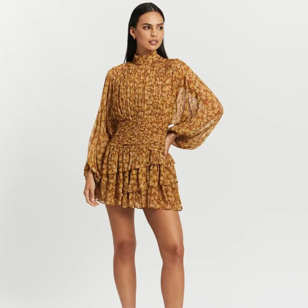 Shona Joy Sunset Long Sleeve Ruched Mini Dress Floral Size 8 - Image 4