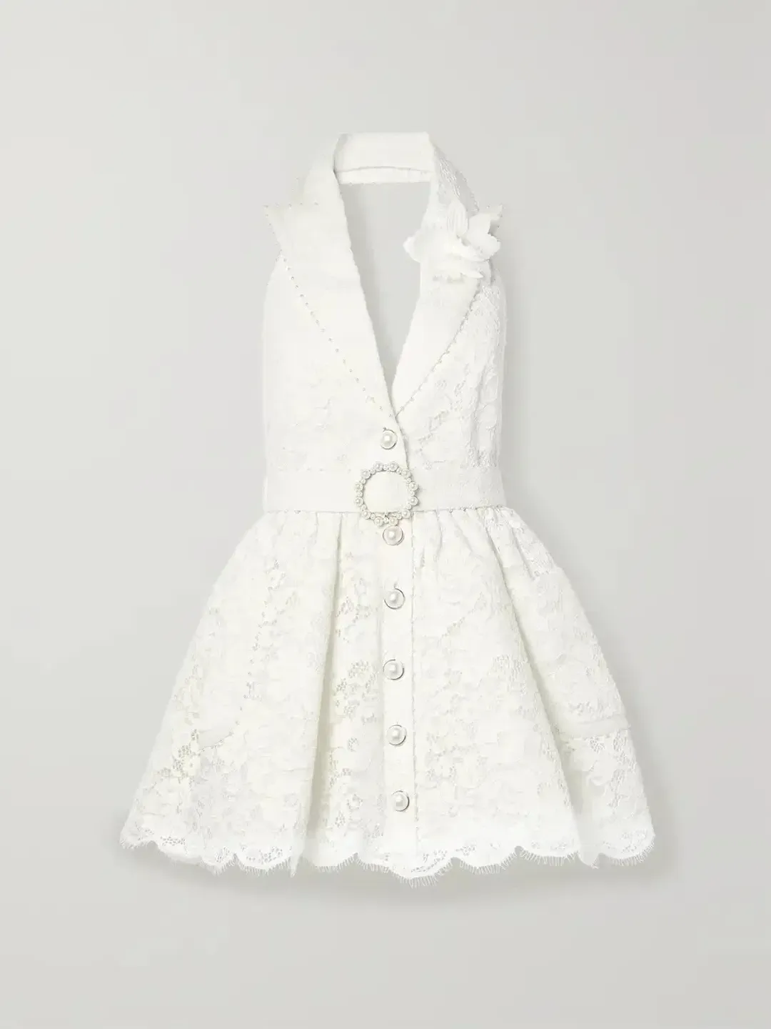 Zimmermann High Tide Belted Embellished Corded Lace Halterneck Mini Dress Ivory Size 0 / Size AU 8 for rent on The Volte - main image