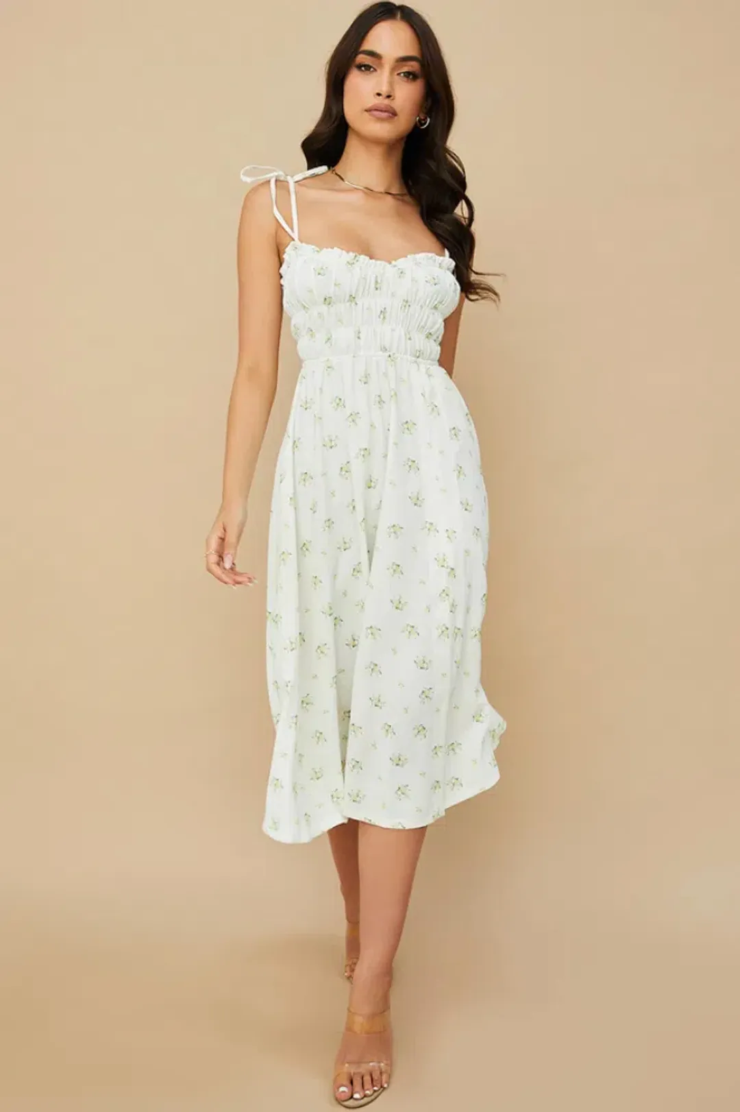 House of CB Christabel Midi Dress Ivory with Yellow & Green Floral Size M / AU 10 for rent on The Volte - main image