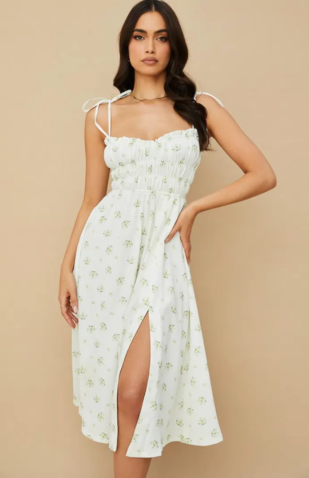 House of CB Christabel Midi Dress Ivory with Yellow & Green Floral Size M / AU 10 for rent on The Volte - main image