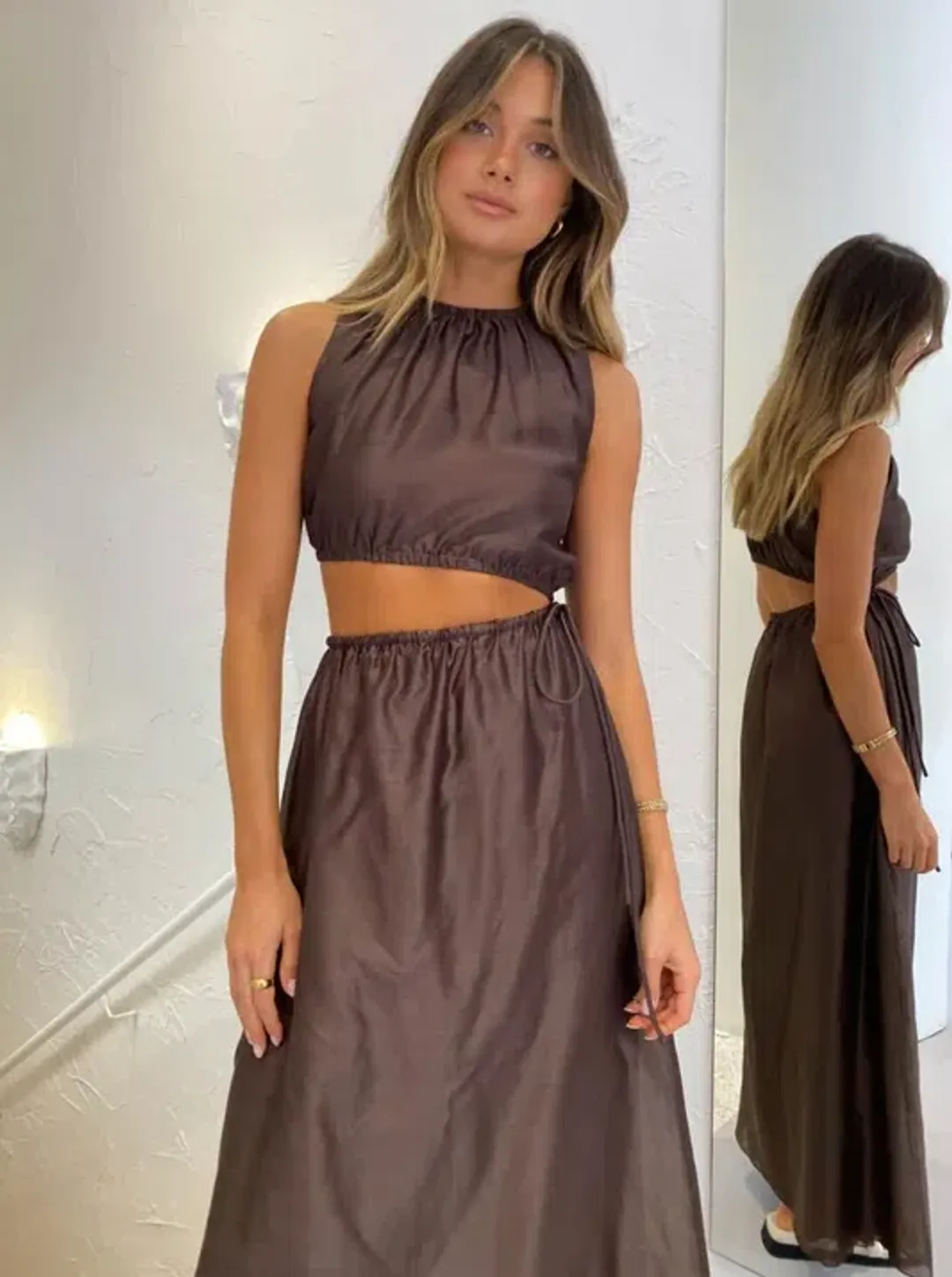 Sir the Label Anje Asymmetrical Cut Out Dress in Chocolate Size 1 / AU 8 for rent on The Volte - main image