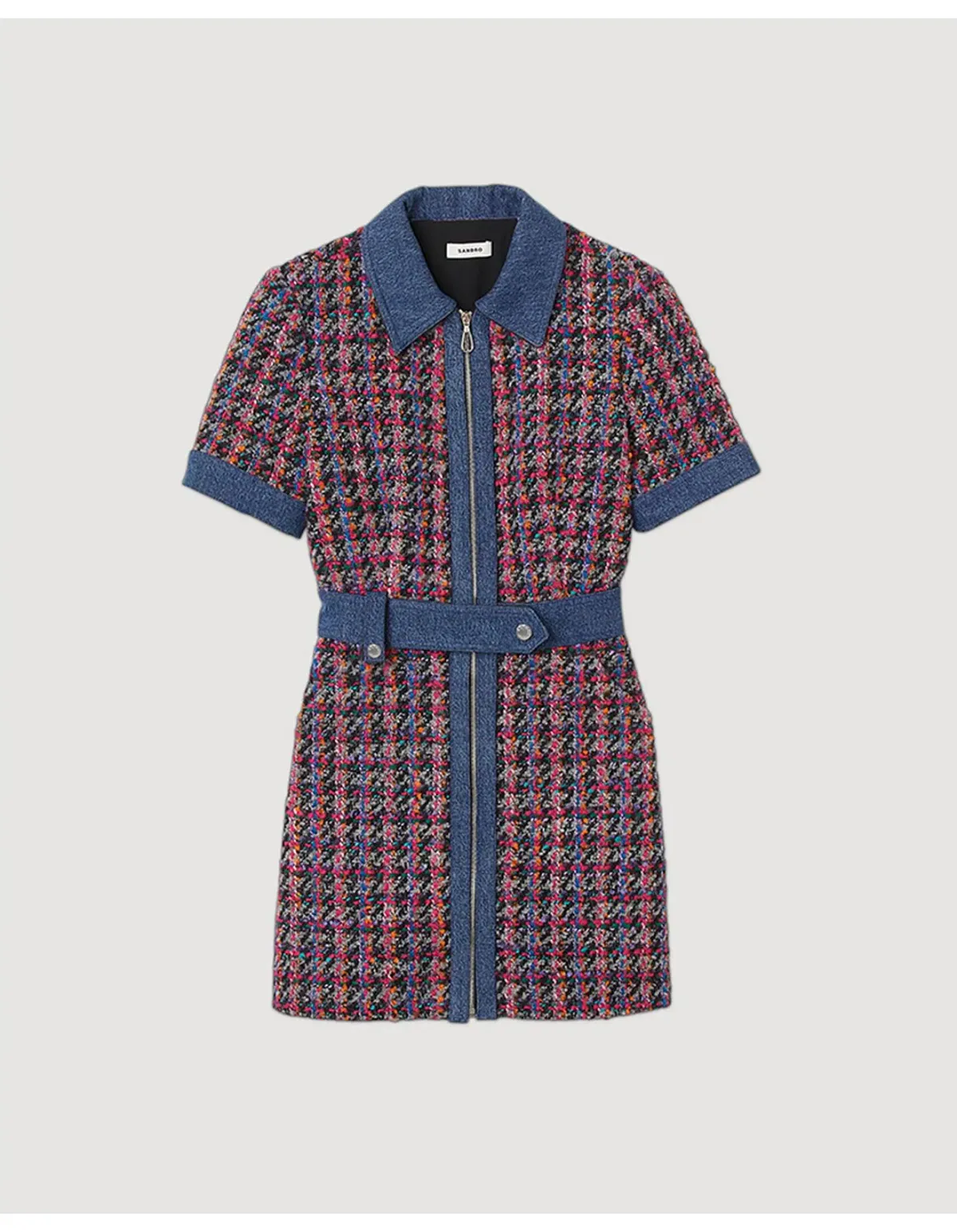 Sandro Denim Tweed Mini Dress Multi Size 12 AU - Image 7