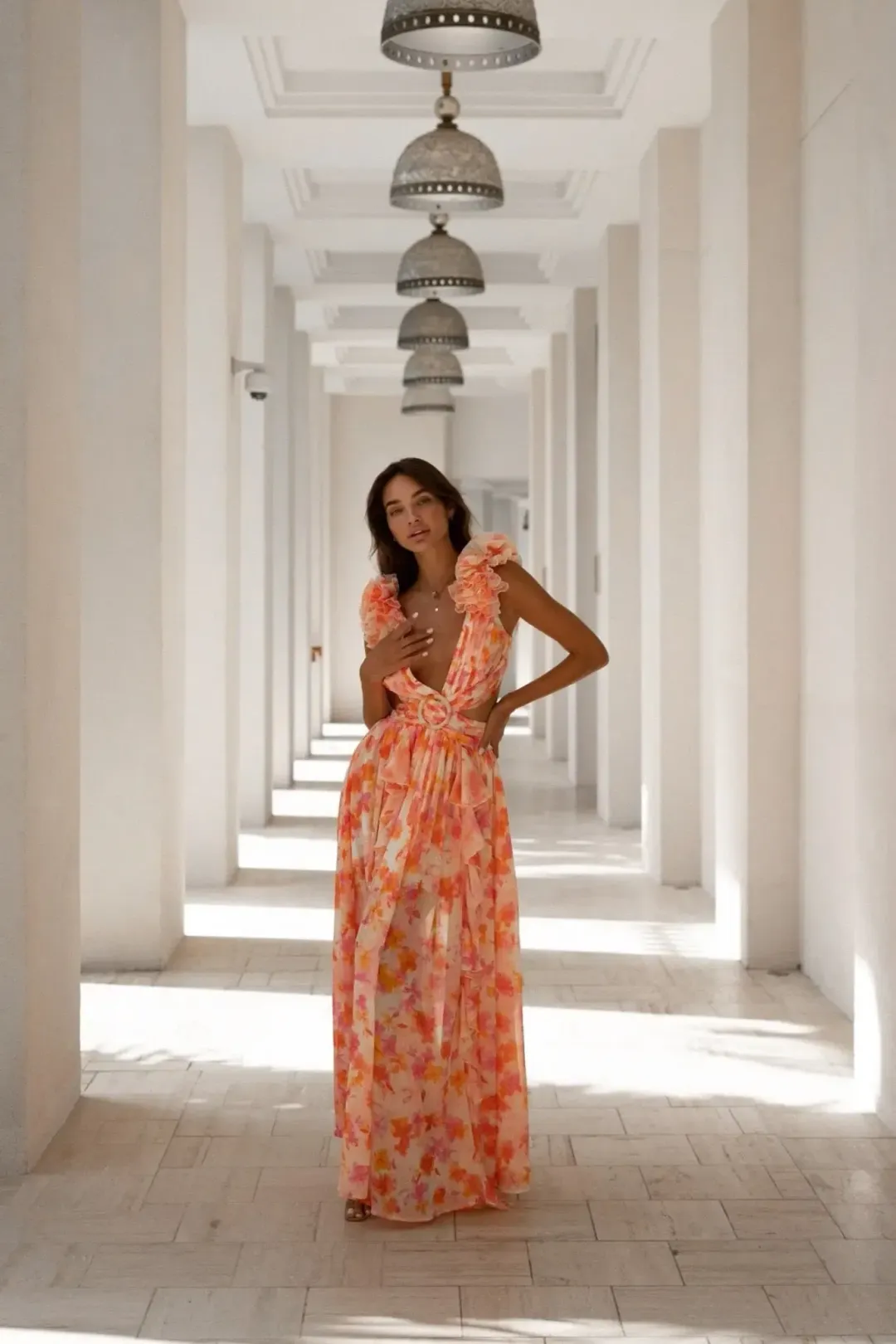 Anne Louise Boutique Cassini Orange Fuchsia Floral Maxi Dress Size AU 8 for rent on The Volte - main image