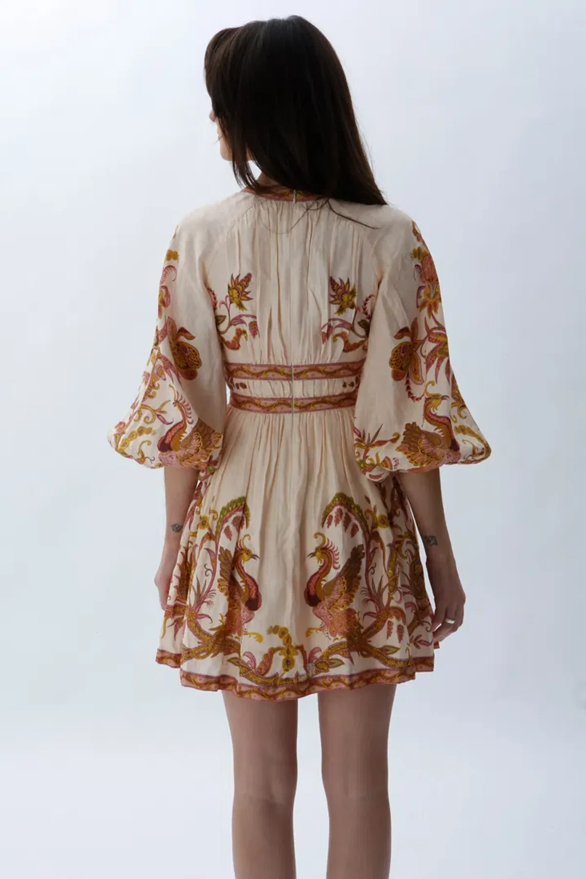 Zimmermann Cassia Plunge Bow Mini Dress Cream Bird Floral Size 0 / AU 8 - Image 3