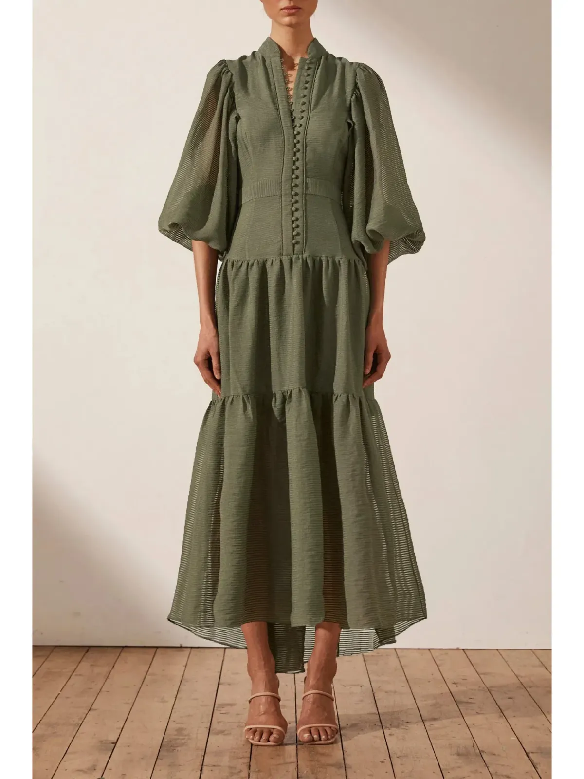 Shona Joy Charlotte High Neck Midi Dress Khaki Size AU 16 - Image 1