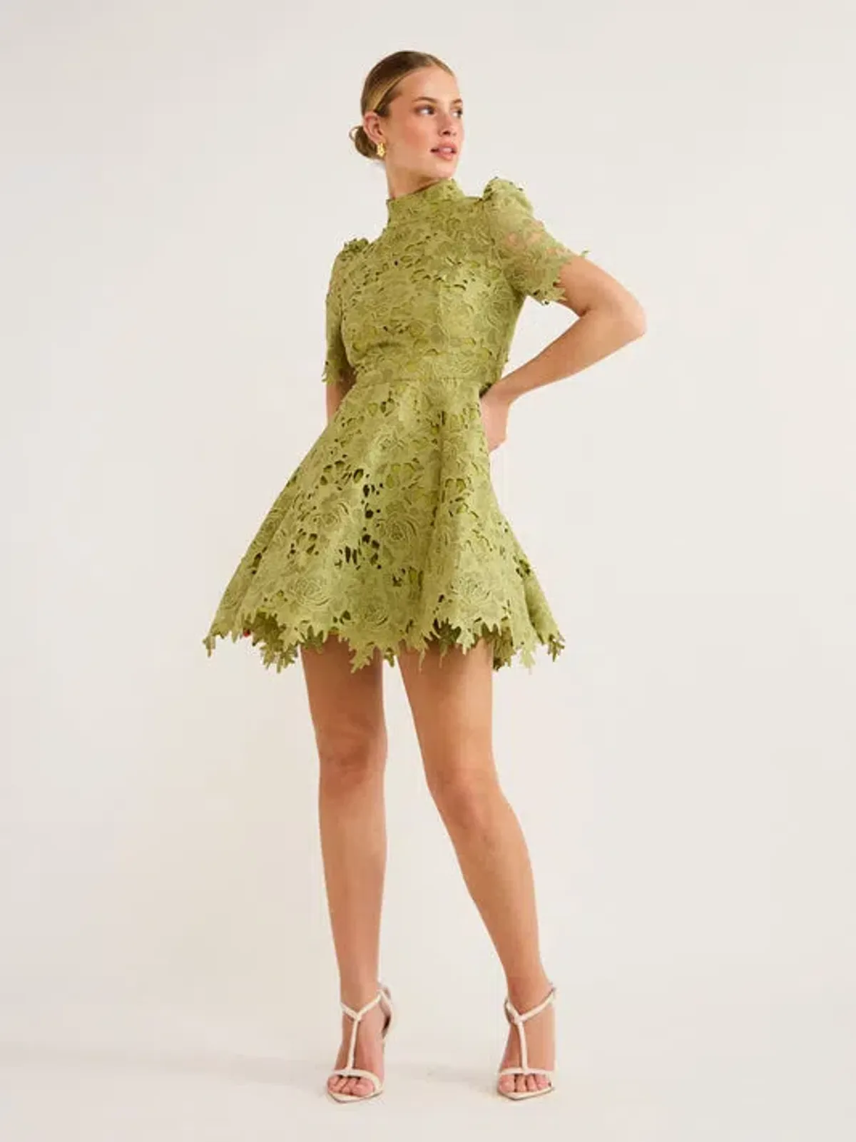 Leo Lin Elise Lace Short Sleeve Mini Dress Olive Size 14 - Image 1
