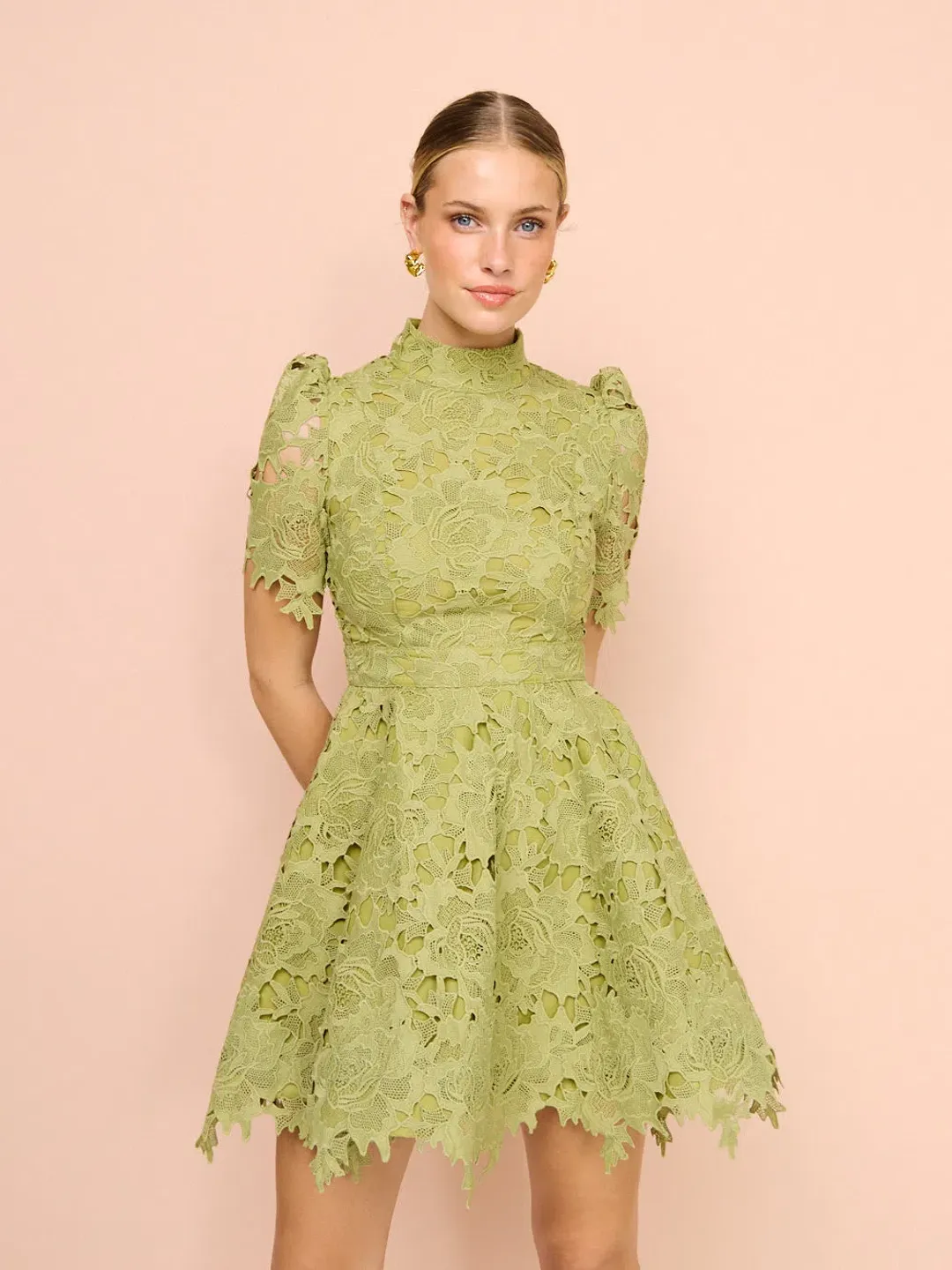 Leo Lin Elise Lace Short Sleeve Mini Dress Olive Size 14 for rent on The Volte - main image