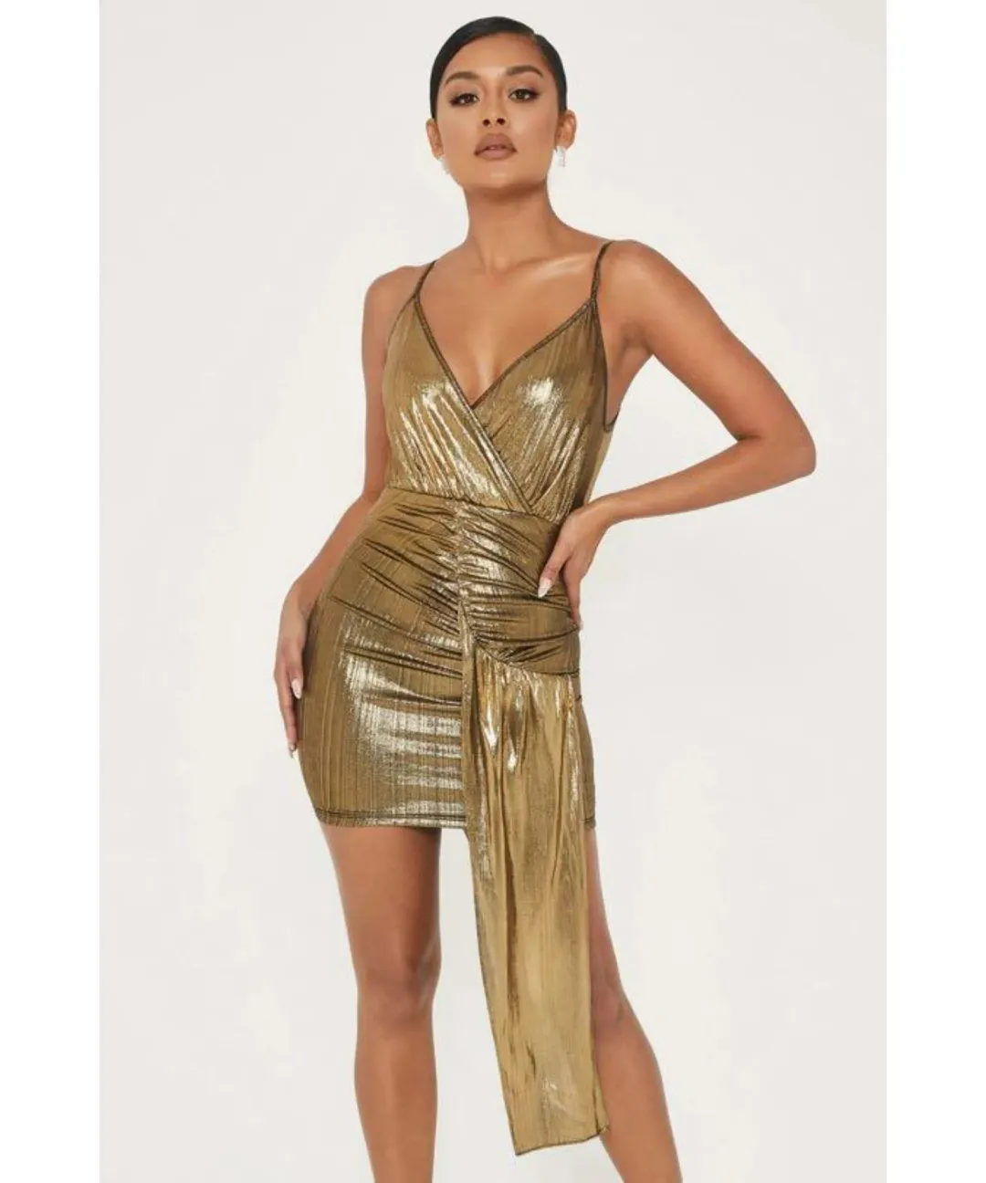 Meshki Dante Drape Wrap Mini Dress In Gold Size S / AU 8 for rent on The Volte - main image
