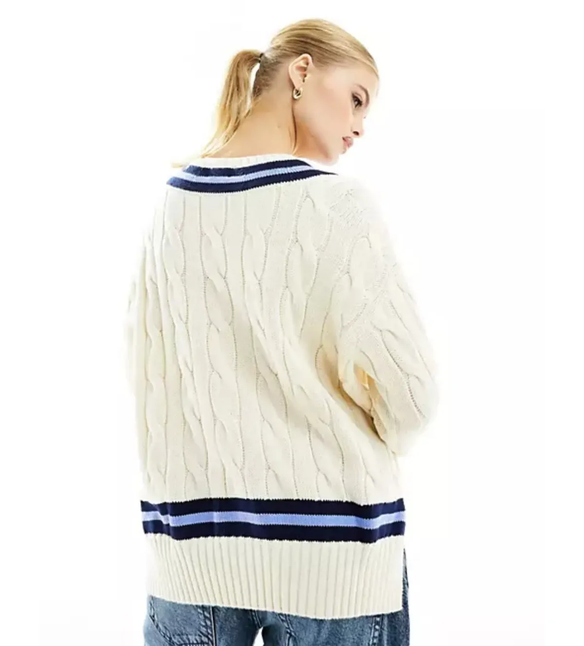 Polo Ralph Lauren Knitted V Neck Cricket Jumper With Stripe In Cream Size 10 - Image 3