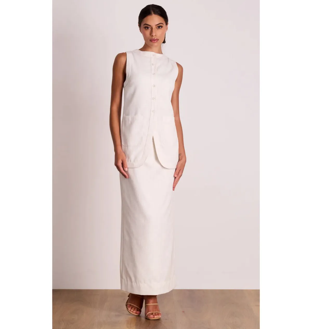 Pasduchas Weekender Linen Vest and Skirt Oat Size AU 14 for rent on The Volte - main image