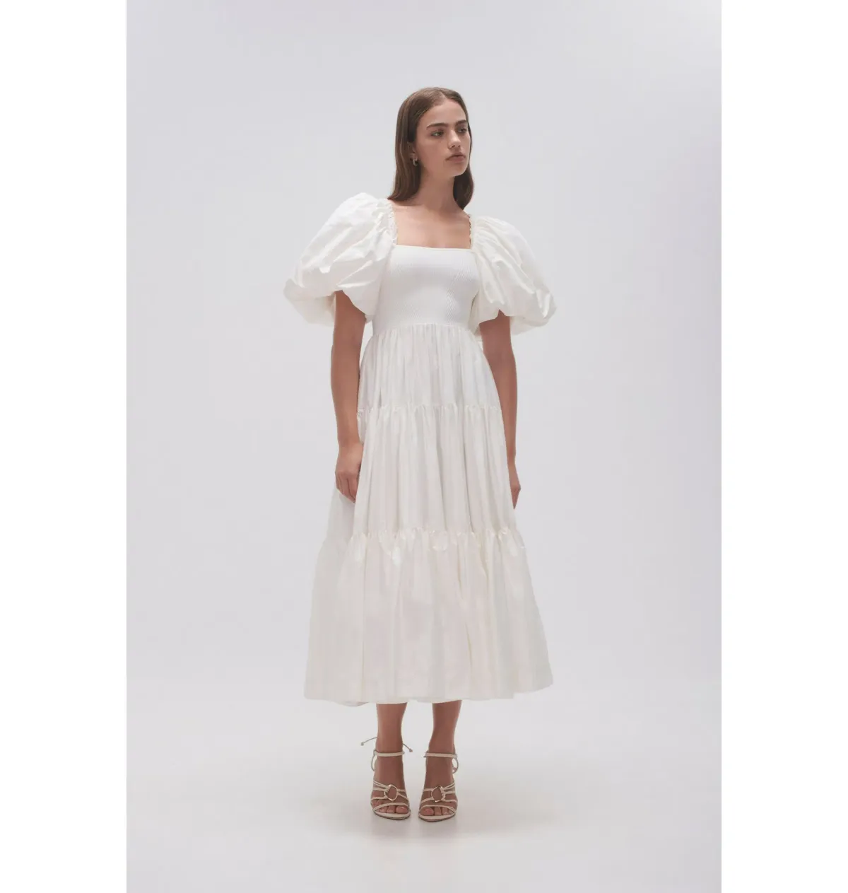 Aje Casa Puff Sleeve Midi Dress in Ivory Size AU 14 for rent on The Volte - main image