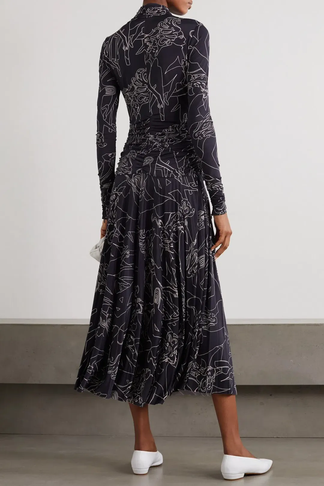 Victoria Beckham Pleated Printed Stretch Crepe Turtleneck Maxi Dress Navy Size 10 for rent on The Volte - main image