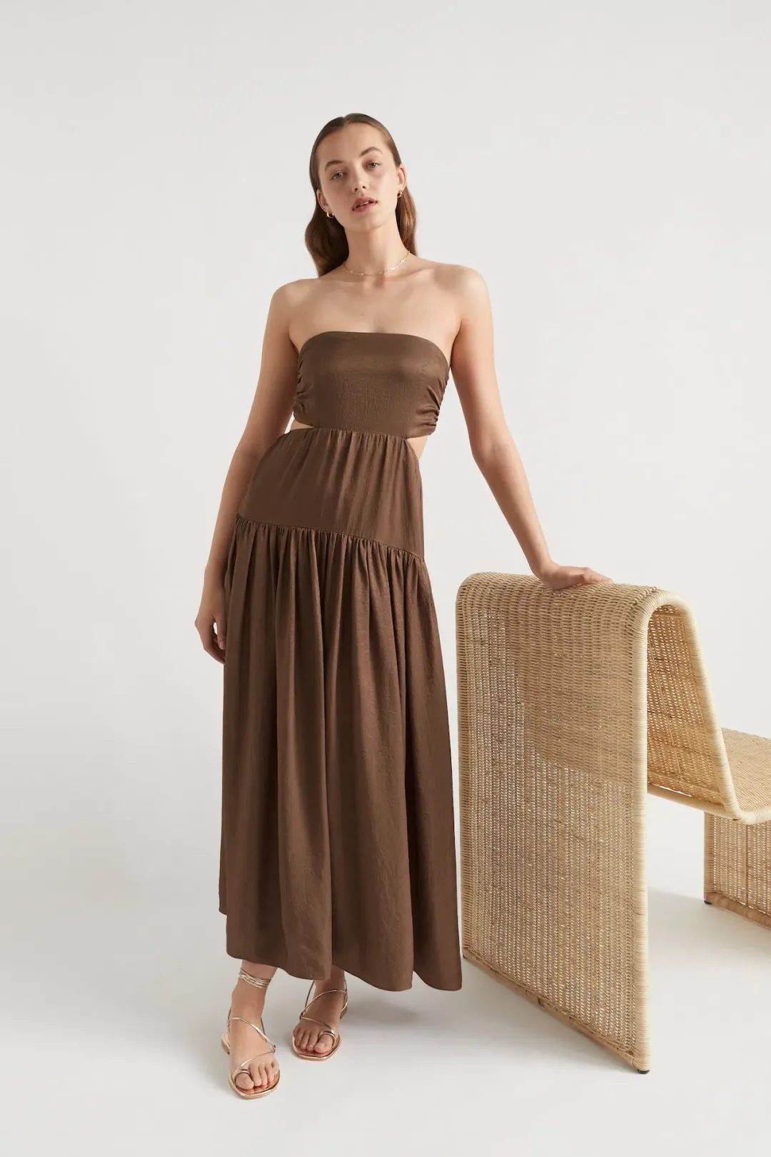 Seed Heritage Satin Cut Out Maxi Dress Pecan Brown Size 8 for rent on The Volte - main image