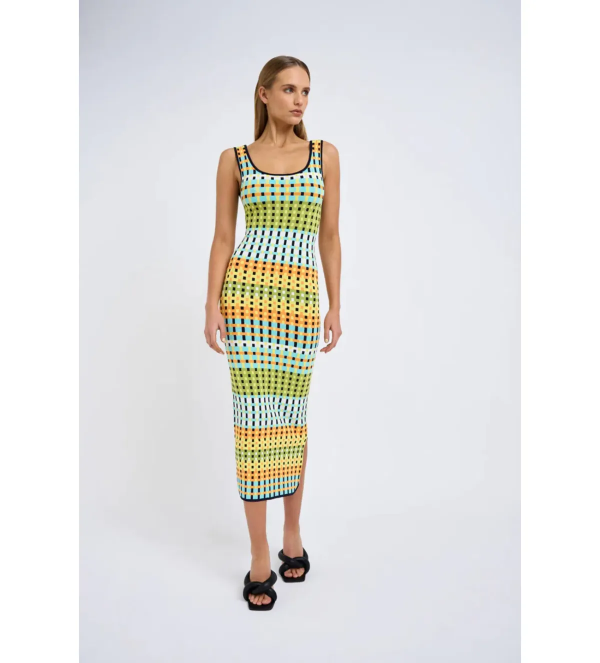 By Johnny Eve Grid Scoop Back Midi Dress Multi Size S/Au 8 - Image 1