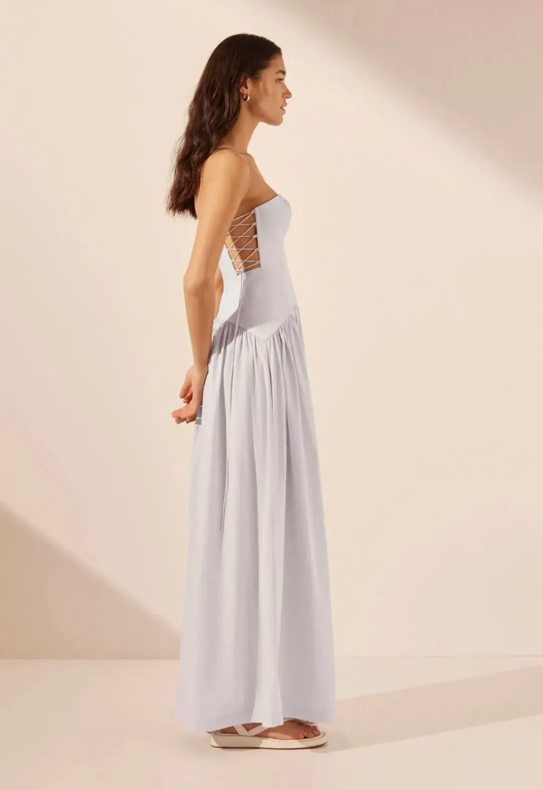 Shona Joy Amada Lace Up Strapless Maxi Dress Ice Blue Size 10 for rent on The Volte - main image