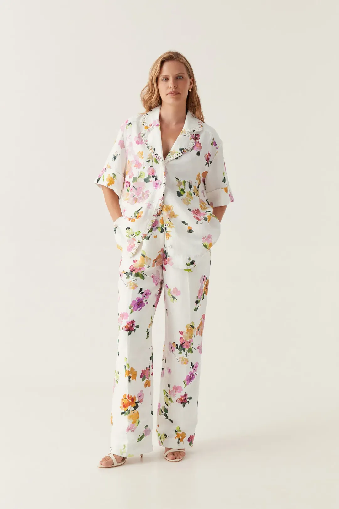 Aje Constance Whipstitch Shirt And Portray Pants Set White Floral Size 14 for rent on The Volte - main image