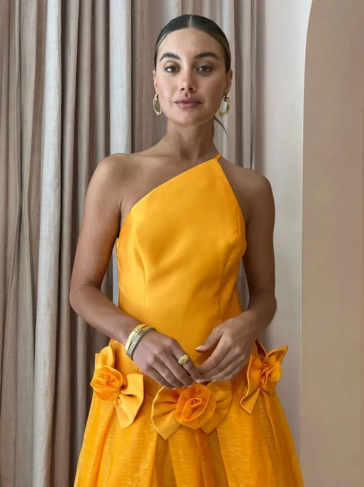 Alemais Macie One Shoulder Rosette Dress in Saffron Size 8 - Image 4