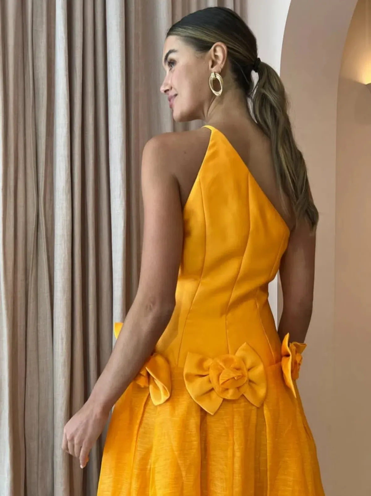 Alemais Macie One Shoulder Rosette Dress in Saffron Size 8 - Image 3