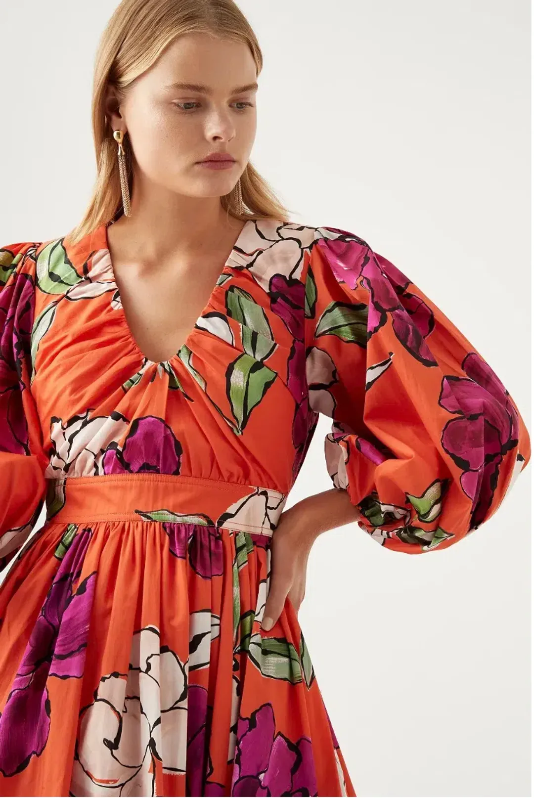 Aje Marlene Floral Midi Dress Vivid Camellia Size 4 for rent on The Volte - main image