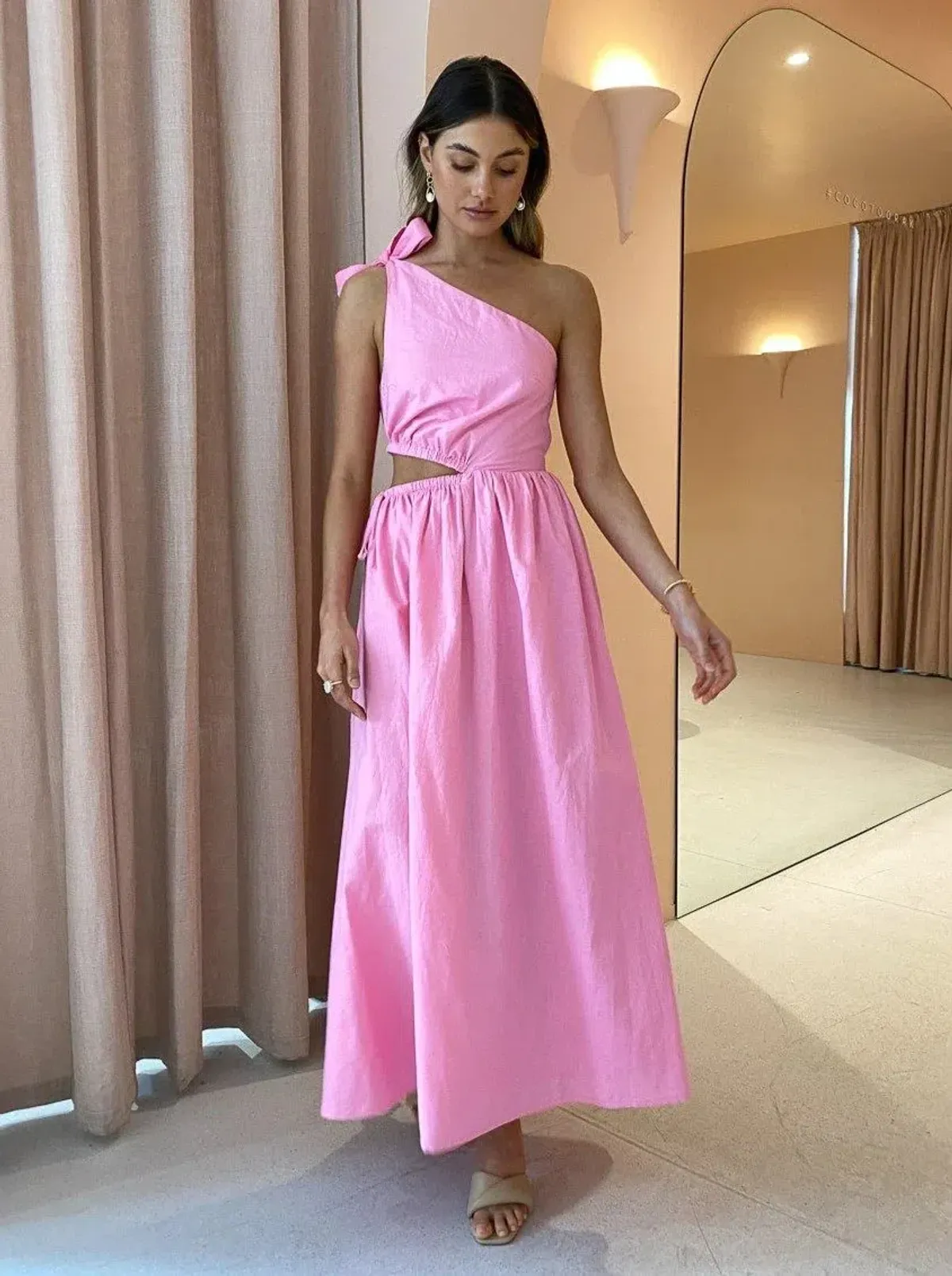 By Nicola Gabriella One Shoulder Midi Dress in Pink Grapefruit Size 10 for rent on The Volte - main image