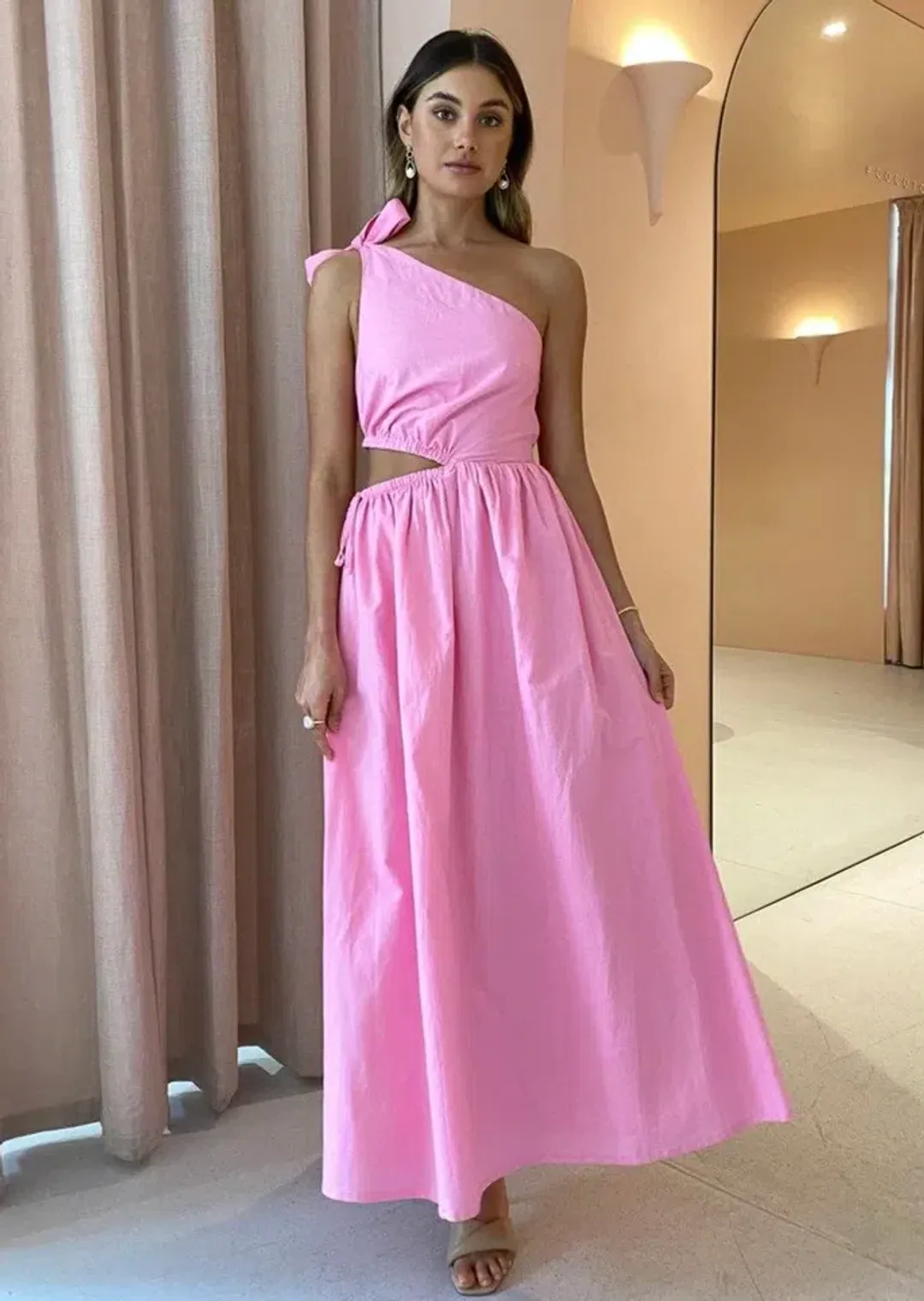 By Nicola Gabriella One Shoulder Midi Dress in Pink Grapefruit Size 10 for rent on The Volte - main image