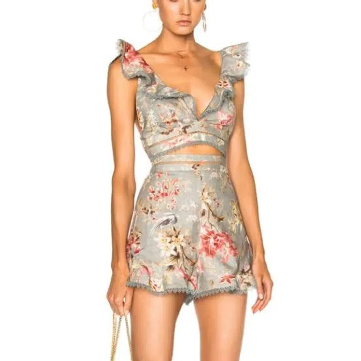 Zimmermann Mercer Flutter Frill Top Size 1/AU 10 and Shorts Size 0/AU 8 Set Blue Floral - Image 6