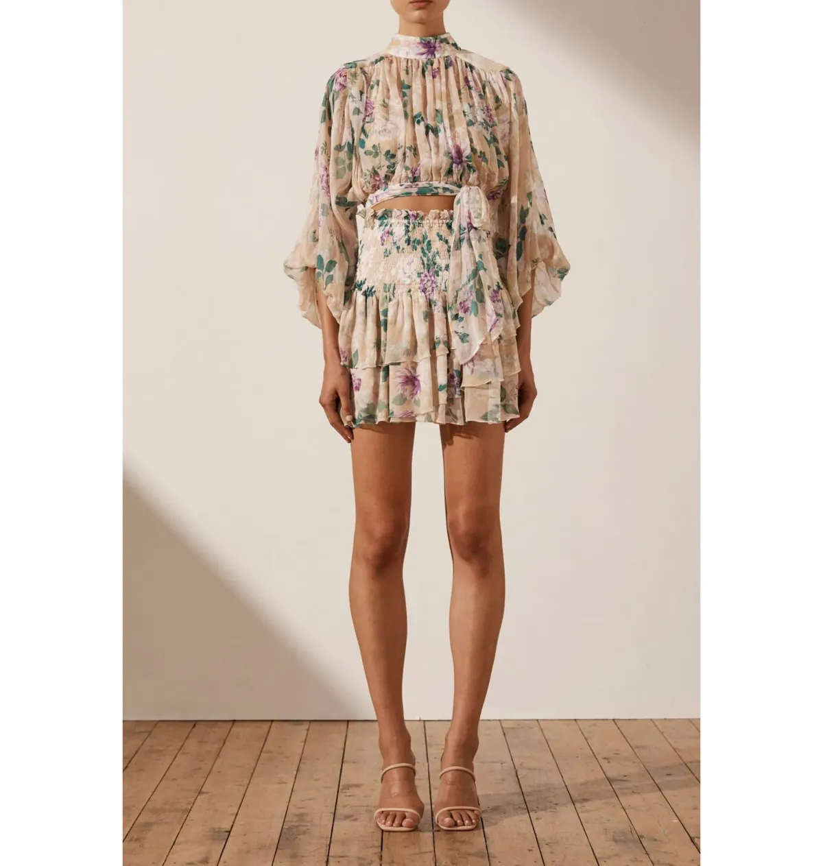 Shona Joy Dontella Cropped Long Sleeve Blouse And Donatella Shirred Ra Ra Skirt Set Floral Size AU 6 - Image 1