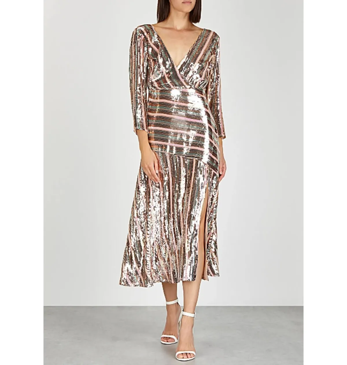 Rixo London Tyra Striped Sequined Crepe Midi Dress in Multi Size AU M for rent on The Volte - main image