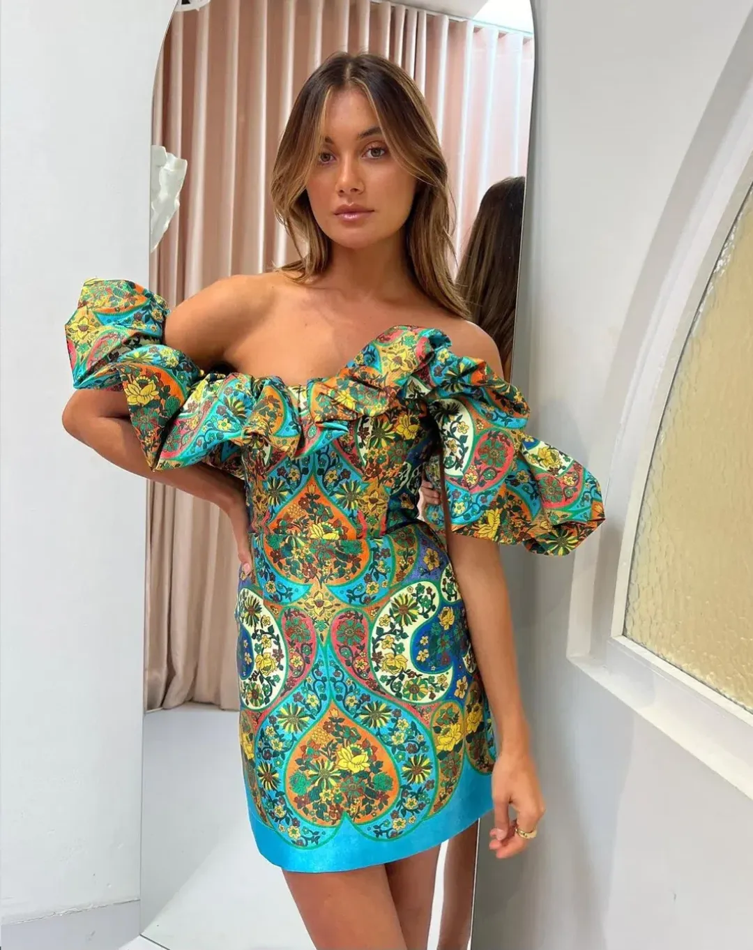 Alemais Sofie Off Shoulder Mini Dress Multi Floral Size AU 14 for rent on The Volte - main image