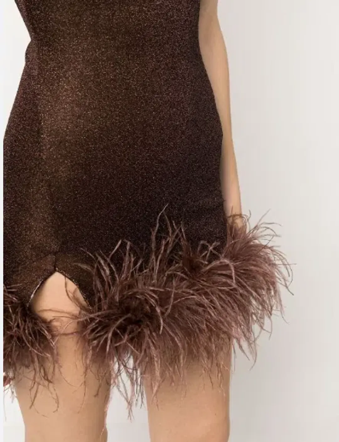 Oséree Feather Trim Glitter Mini Dress Brown Size 10 for rent on The Volte - main image