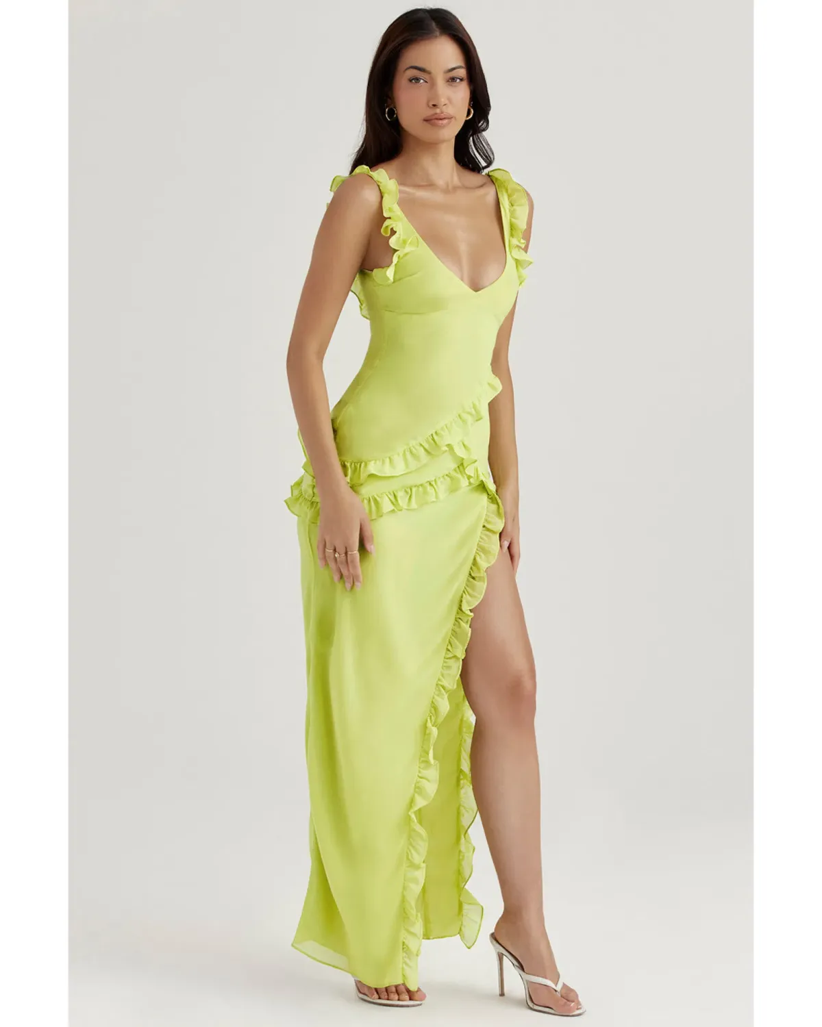 House Of Cb Pixie Ruffle Maxi Dress Lime Size 6 - Image 1