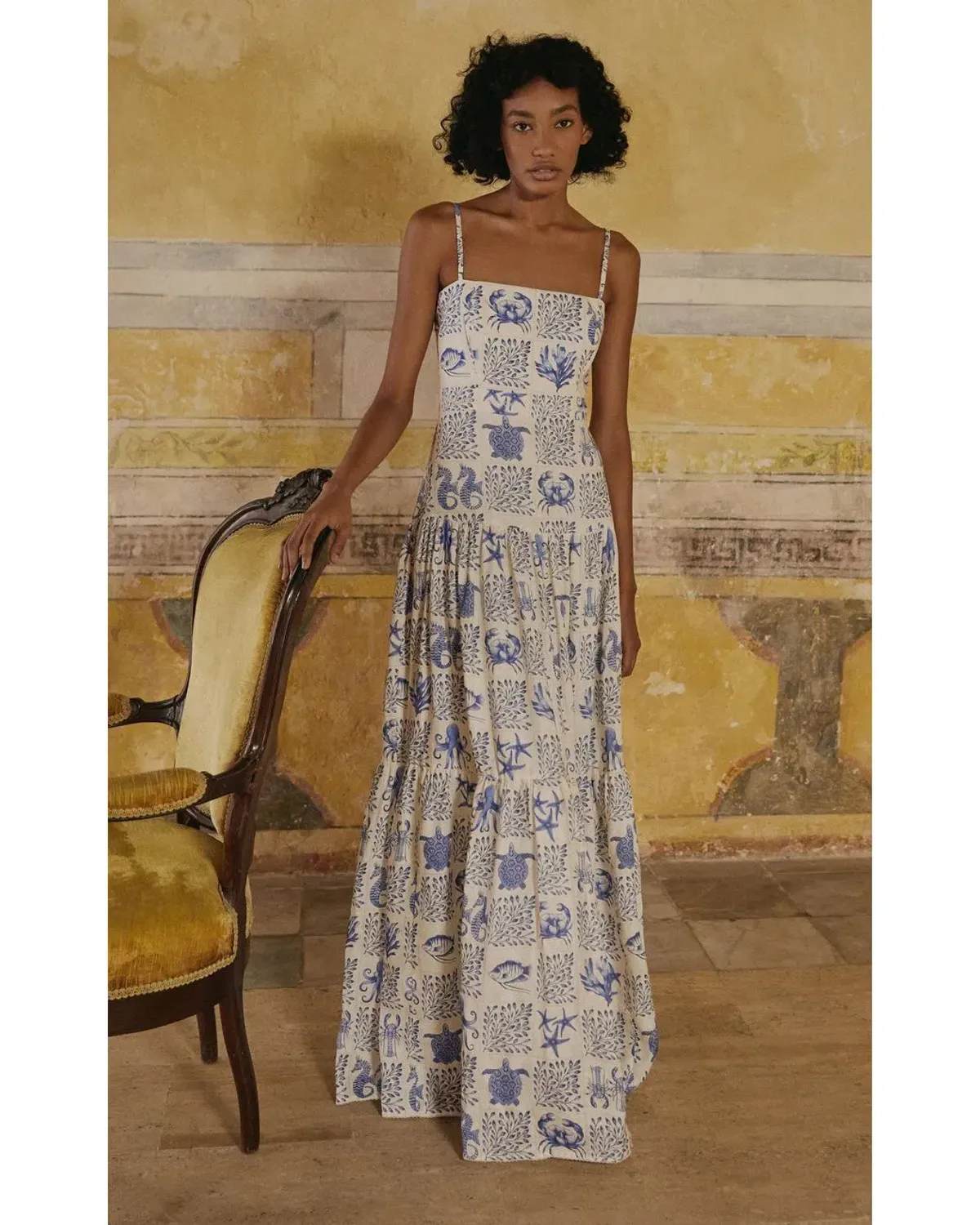 Agua by Agua Bendita Lima Tiered Printed Linen Maxi Dress in Print Size 8 for rent on The Volte - main image