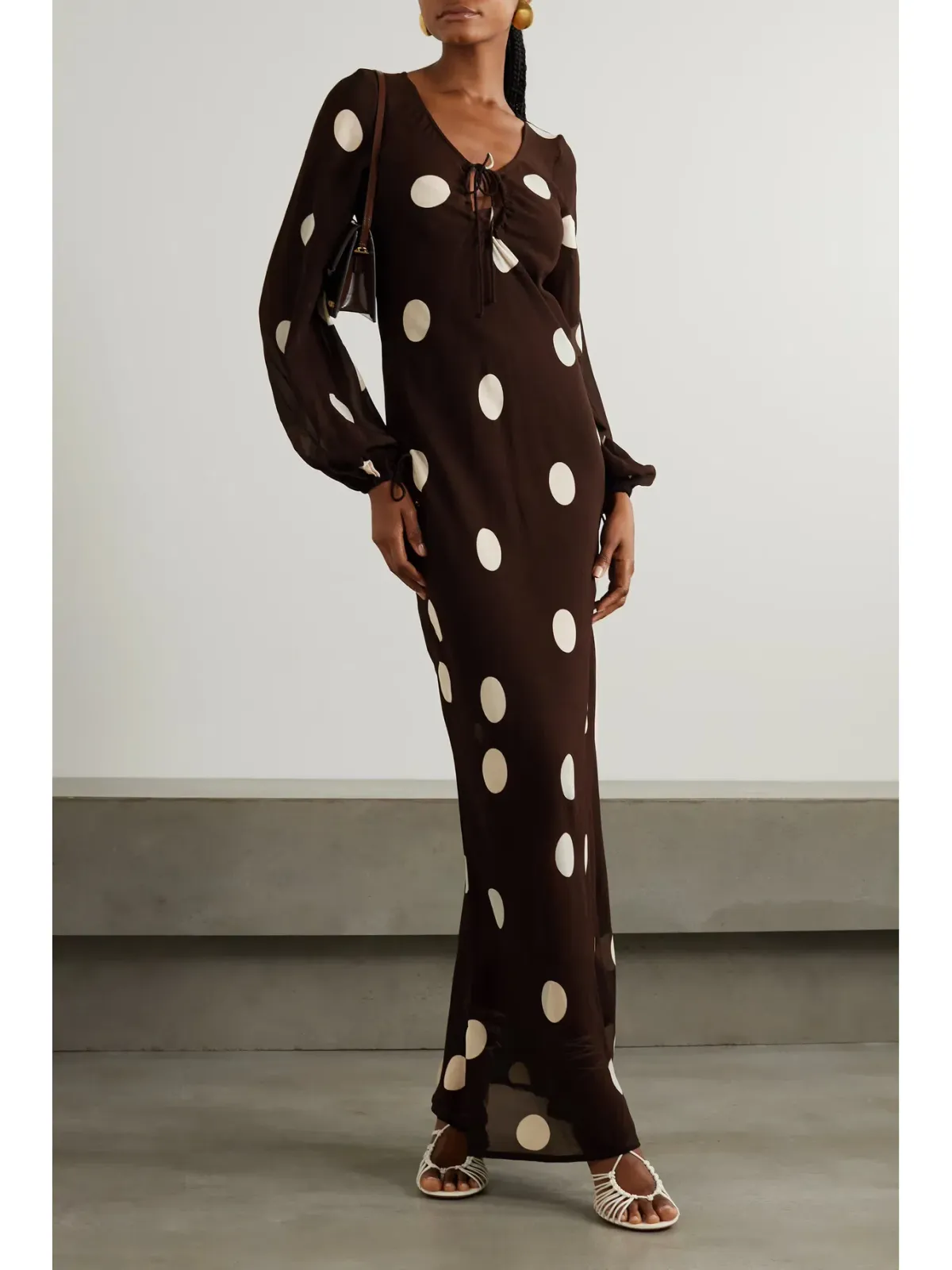 Faithfull the Brand Santos Polka Dot Georgette Maxi Dress Chocolate Size M / AU 10 for rent on The Volte - main image
