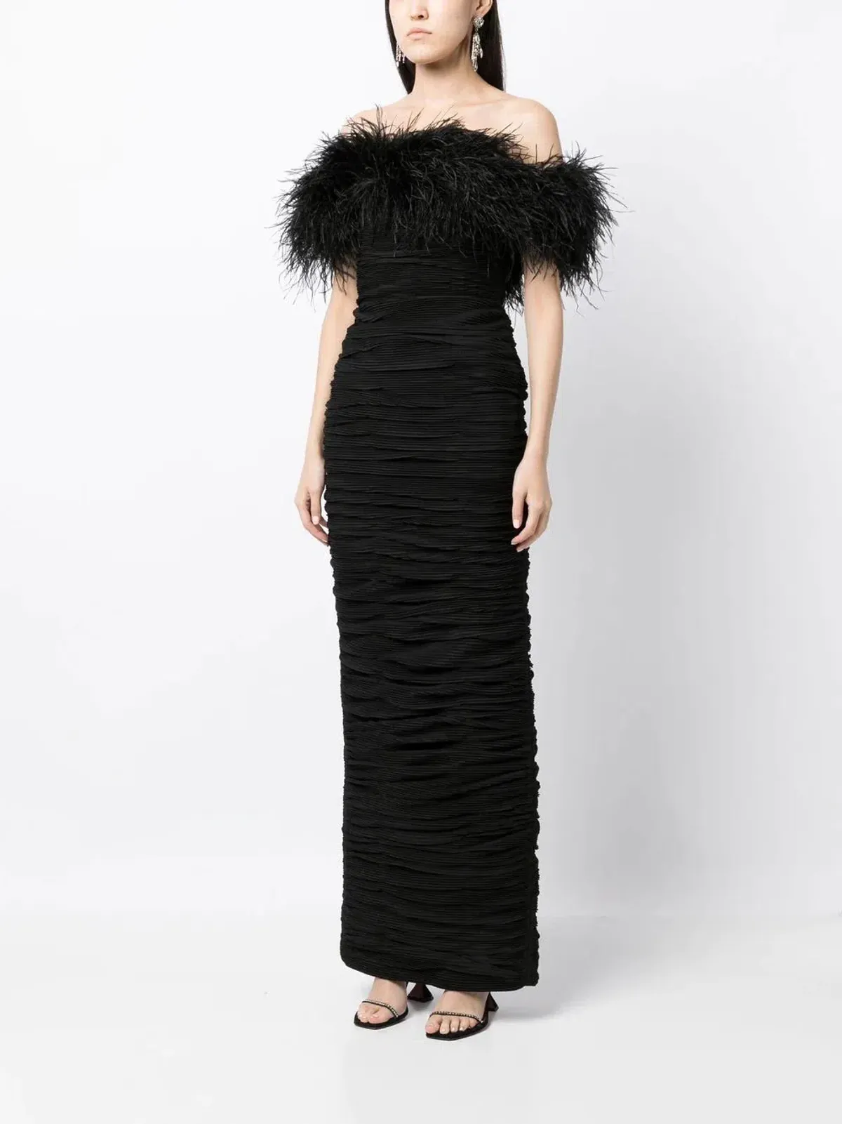 Rachel Gilbert Zion Feather Trim Ruched Gown Black Size 10 for rent on The Volte - main image