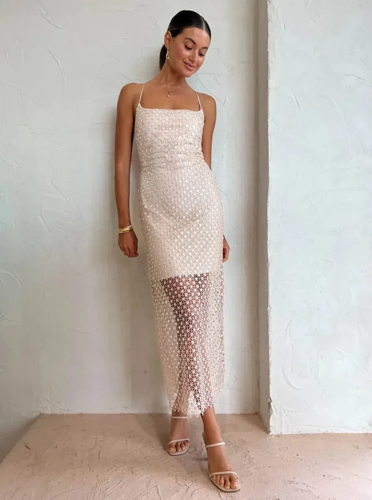 Manning Cartell Crochet Sequin Slip Dress in Buff Size AU 6 for rent on The Volte - main image