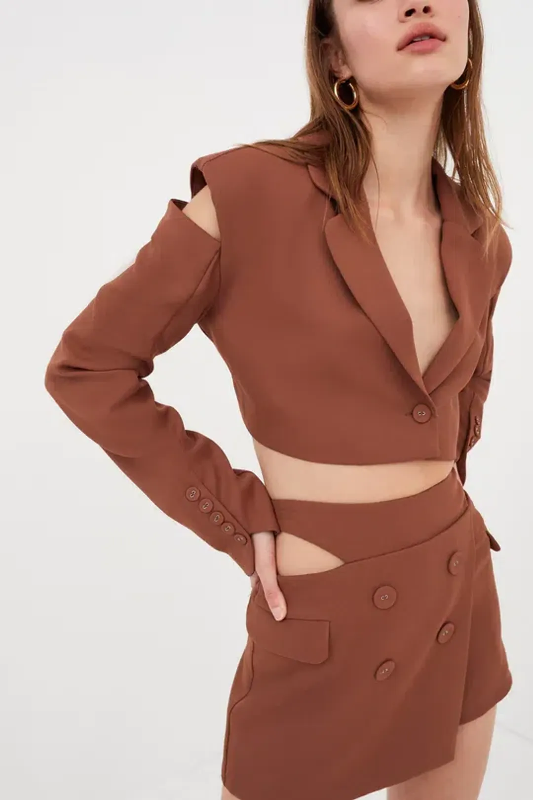 For Love & Lemons Alysa Crop Top and Mini Skirt Set Brown Size S / AU 8 for rent on The Volte - main image