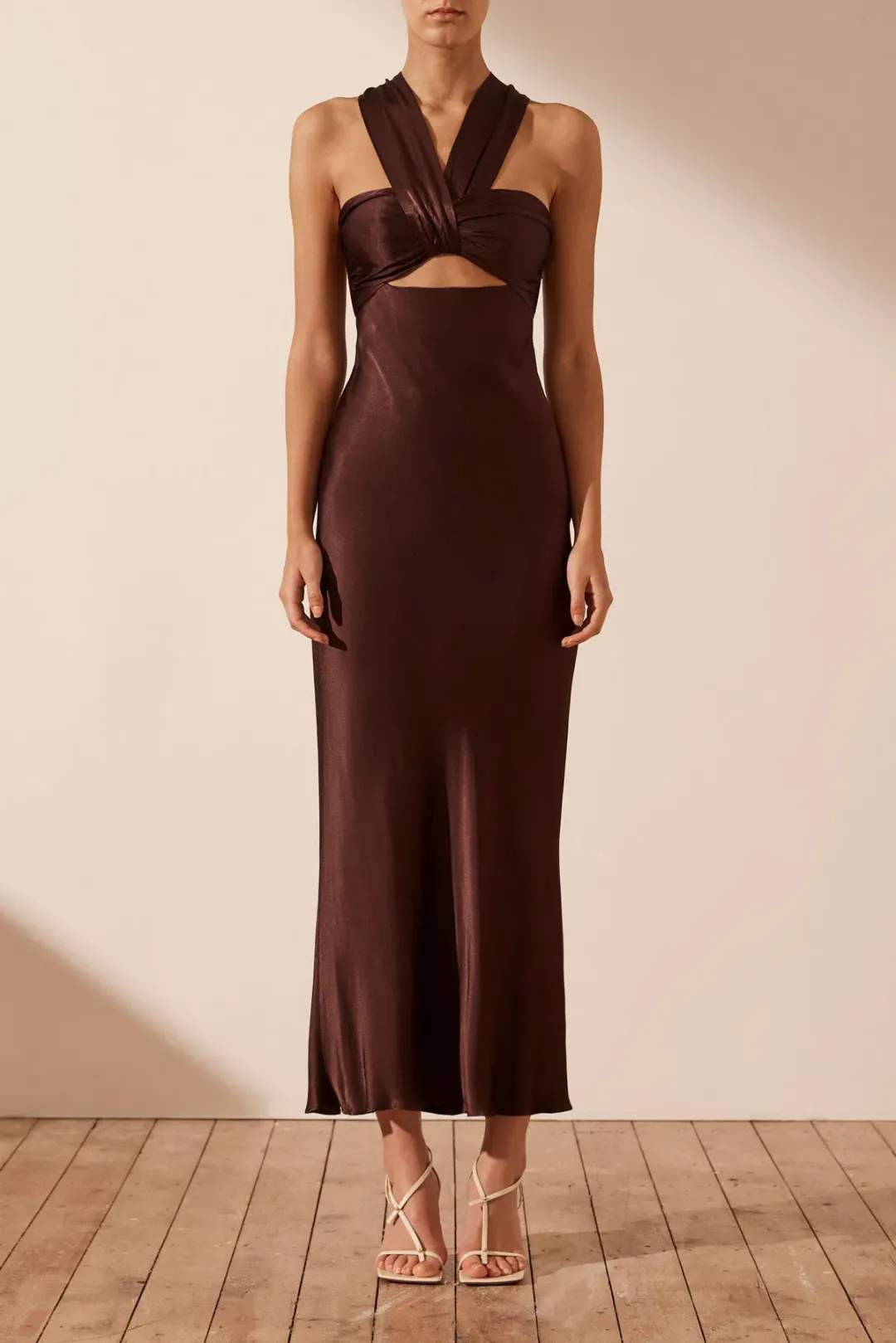 Shona Joy Lana Ruched Halter Midi Dress in Cocoa Size 14 for rent on The Volte - main image