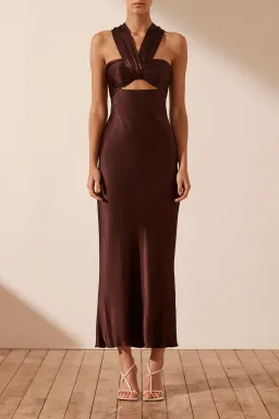 Shona Joy Lana Ruched Halter Midi Dress in Cocoa Size 14 for rent on The Volte - image 1