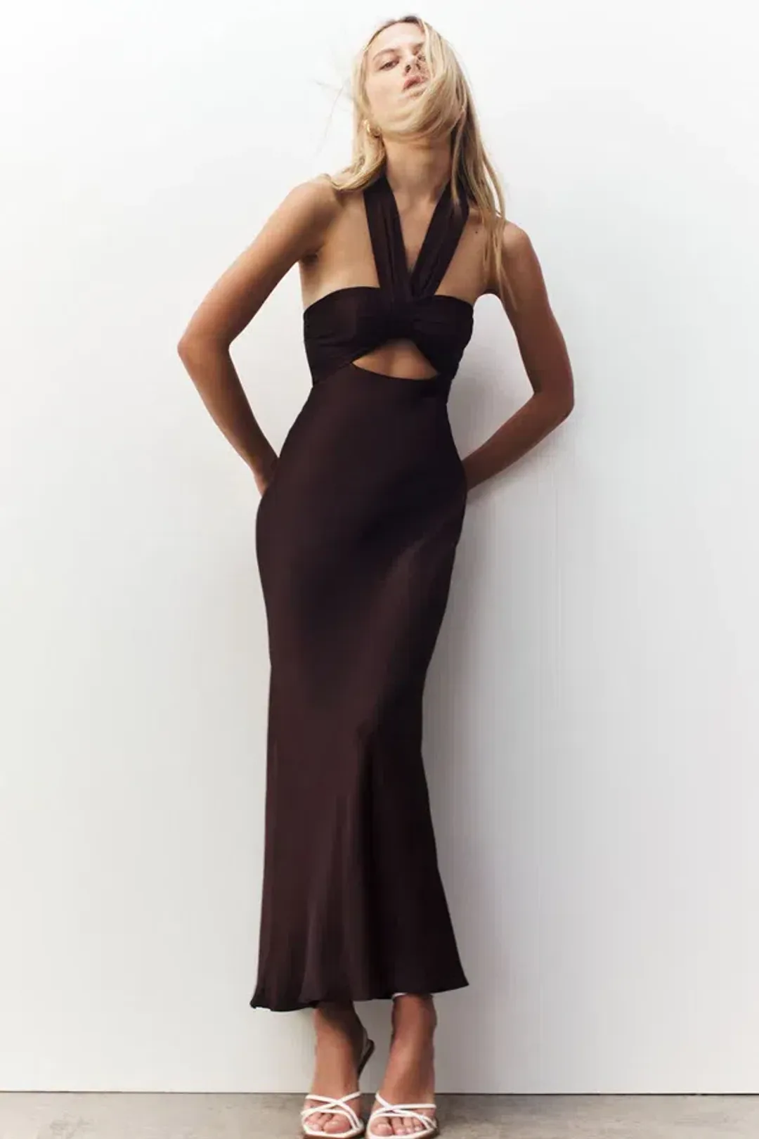 Shona Joy Lana Ruched Halter Midi Dress in Cocoa Size 14 for rent on The Volte - main image
