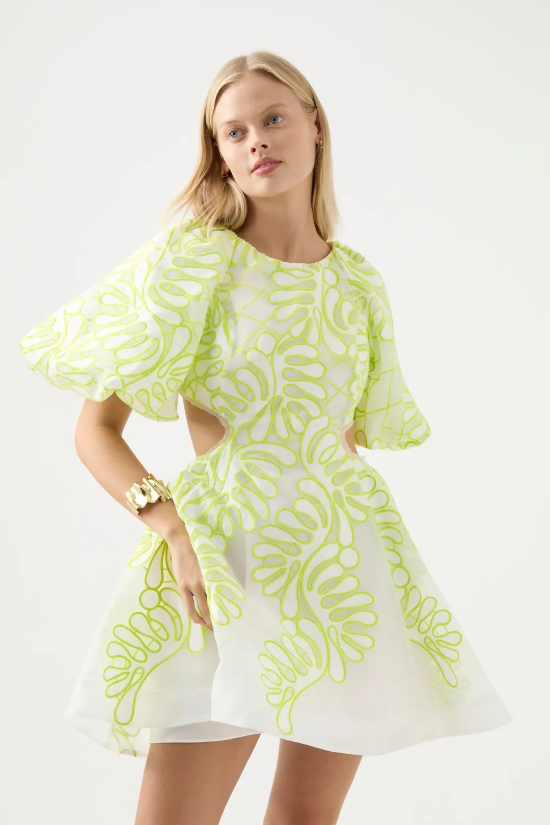 Aje Botanical Applique Mini Dress Ivory/Citrus Yellow Size 4 for rent on The Volte - main image