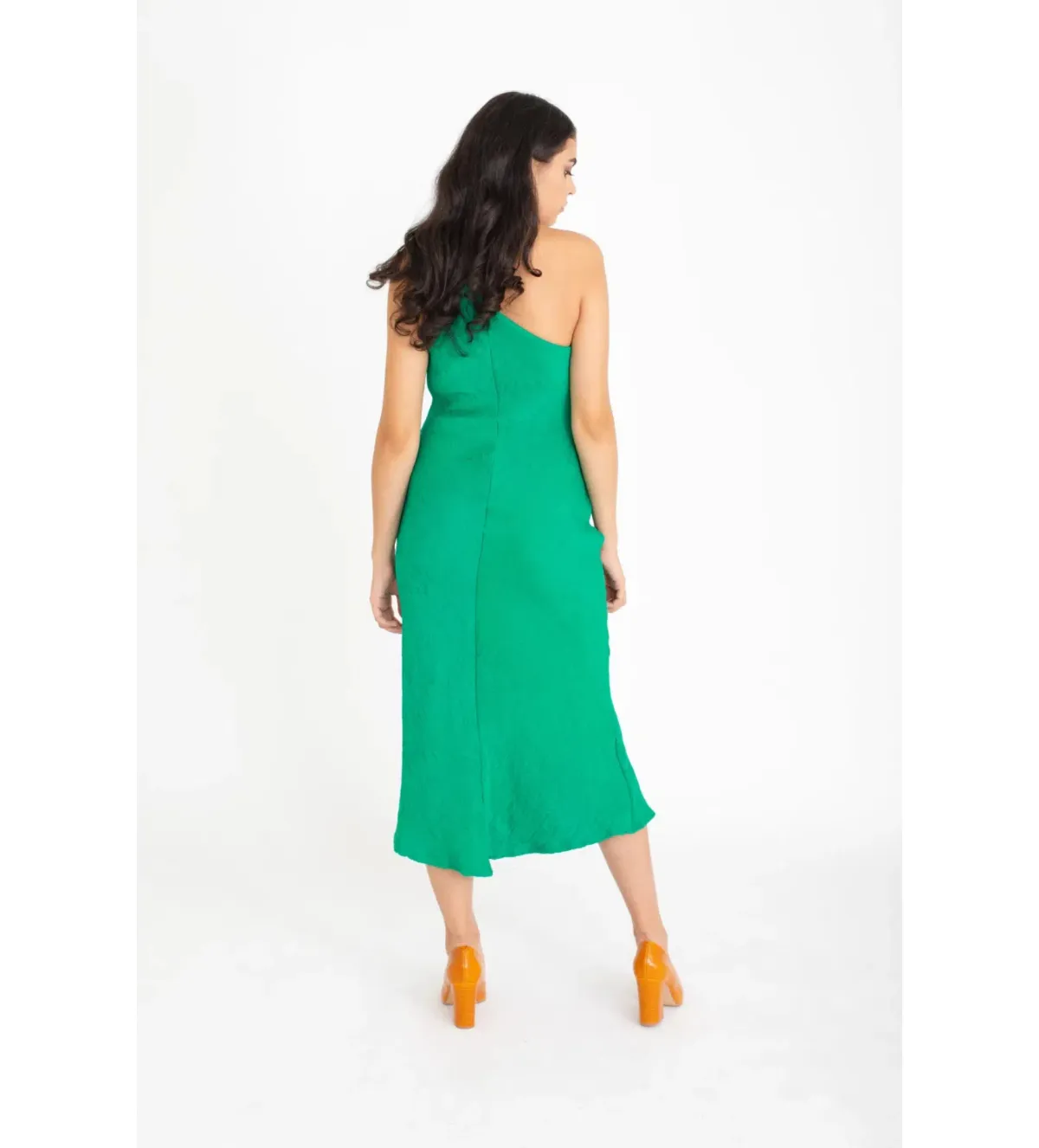 By Johnny Asymmetric Crimp Bias Midi Dress Green Size 10 - Image 2