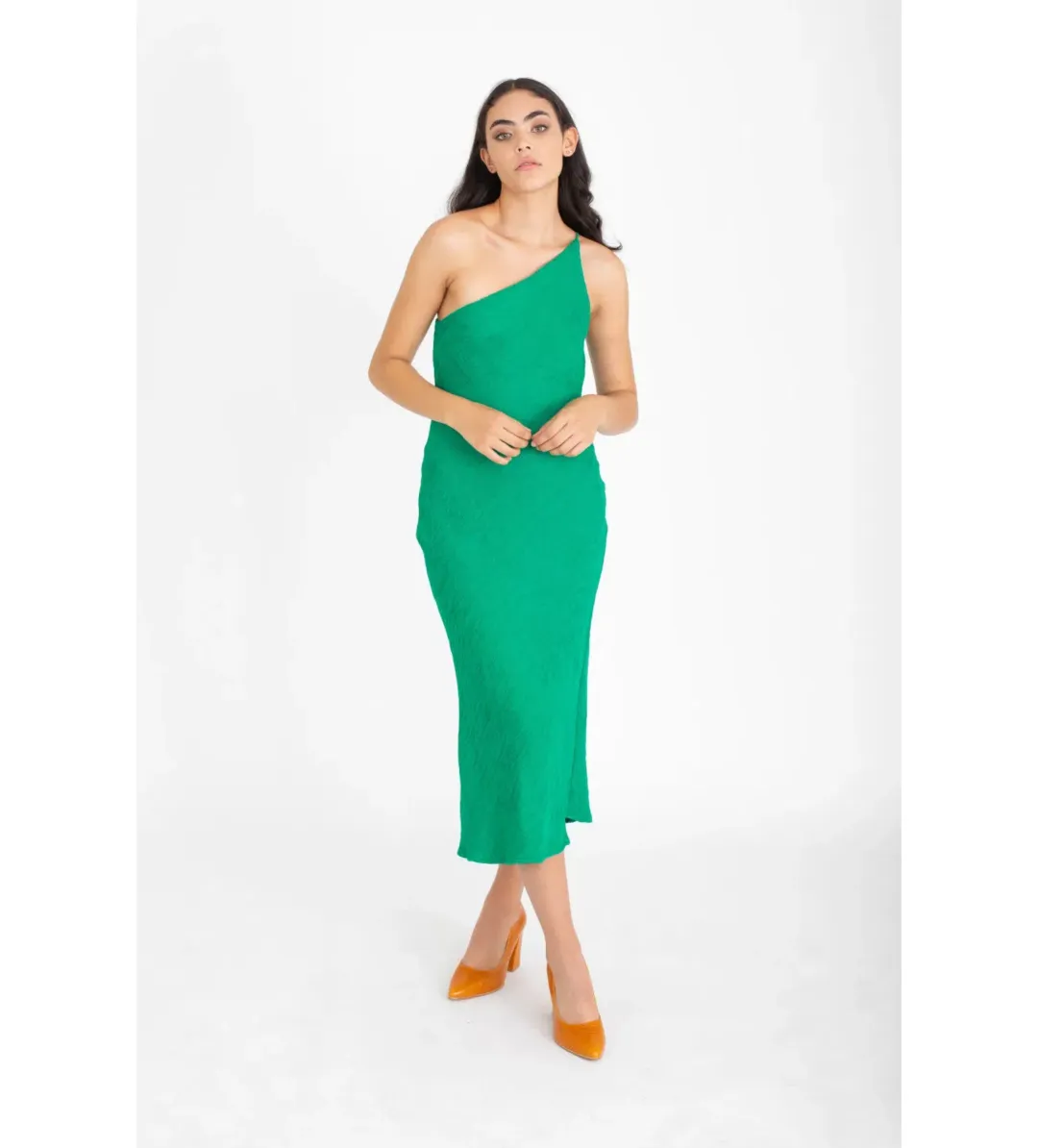 By Johnny Asymmetric Crimp Bias Midi Dress Green Size 10 for rent on The Volte - main image