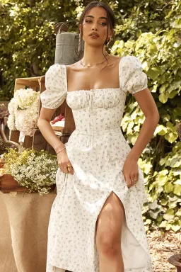 House of CB Tallulah White Floral Puff Sleeve Midi Dress XS / Au 6 for rent on The Volte - image 2