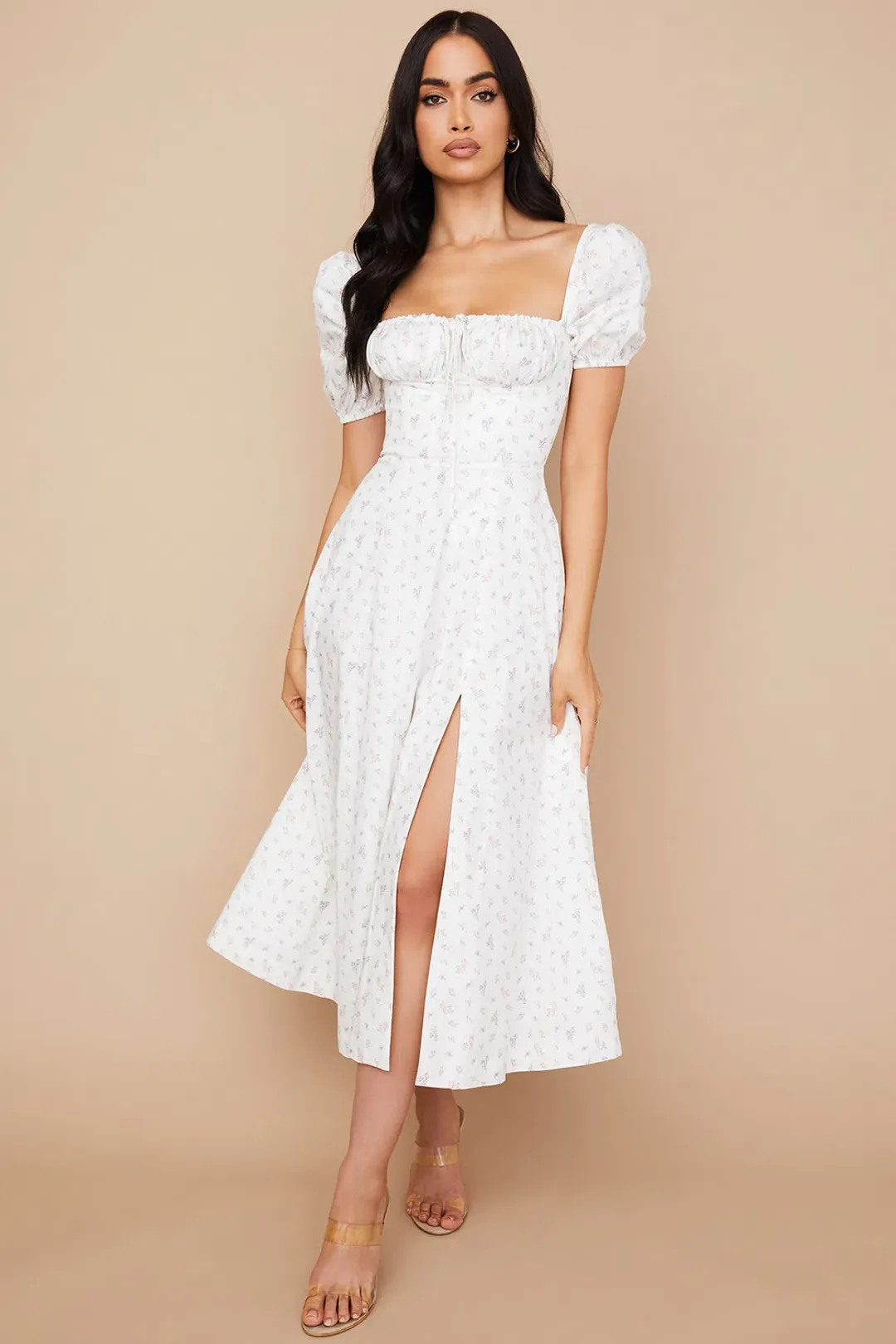 House of CB Tallulah White Floral Puff Sleeve Midi Dress XS / Au 6 for rent on The Volte - main image