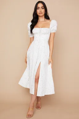 House of CB Tallulah White Floral Puff Sleeve Midi Dress XS / Au 6 for rent on The Volte - image 5