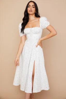 House of CB Tallulah White Floral Puff Sleeve Midi Dress XS / Au 6 for rent on The Volte - image 4