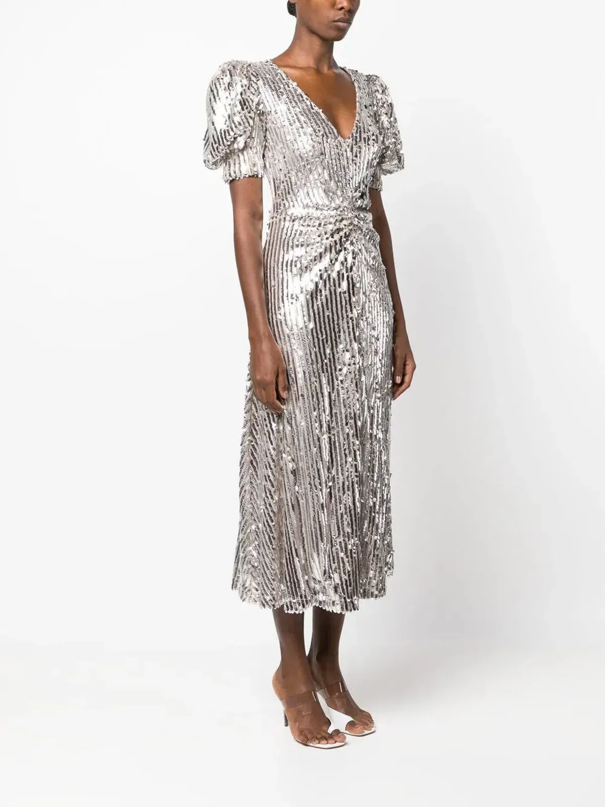 Rotate Puff Sleeve Sequin Midi Dress Silver Size 34/ AU 6 - Image 2