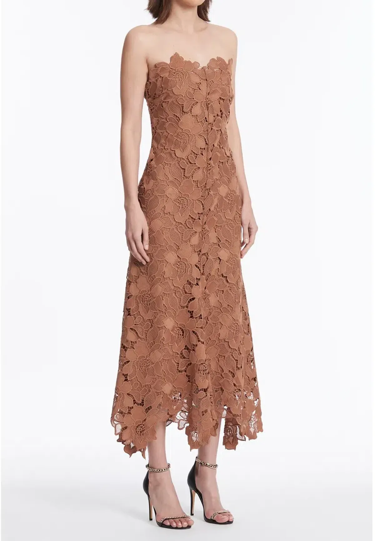 Carla Zampatti Rosewood Floral Lace Strapless Gown Brown Size 4 for rent on The Volte - main image