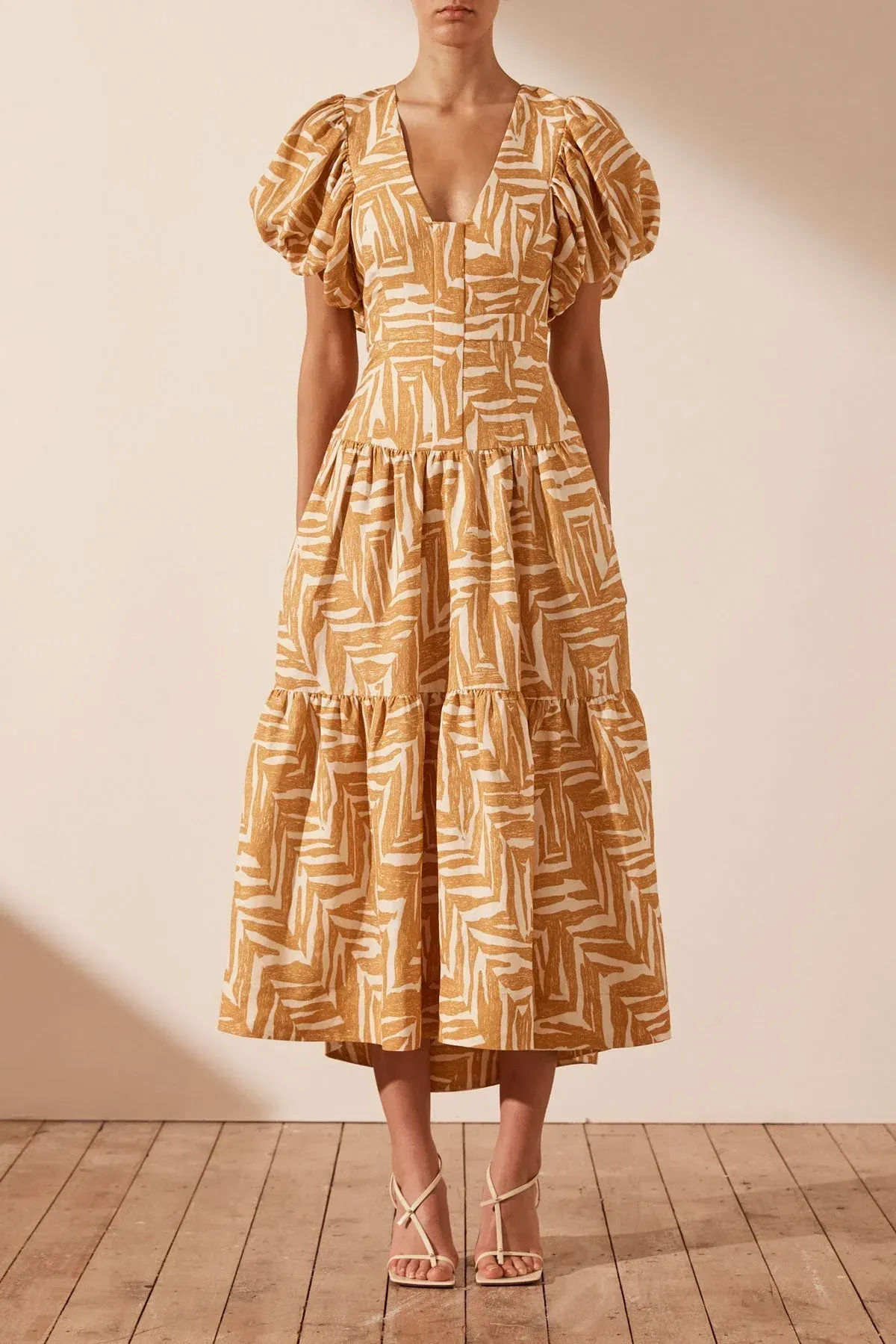 Shona Joy Imani Linen Plunged Short Sleeve Midi Dress Print Size 12 - Image 1