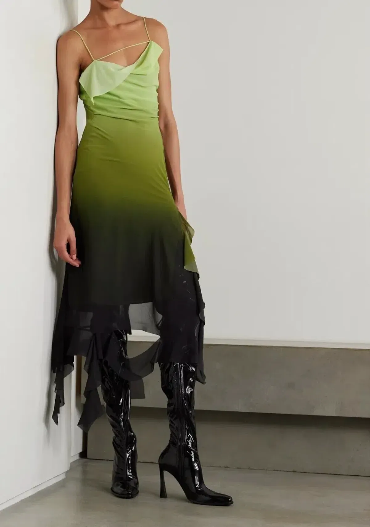 Acne Studios Asymmetric Ruffled Ombré Chiffon Midi Dress Green Size 10 - Image 1